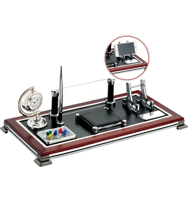 Επιτραπέζιο Διακοσμητικό Γραφείου Ξύλινο με Ρολόι, Θήκη για Στυλό, Βάση για Κινητό & Ταμπελάκι κωδ. 0036