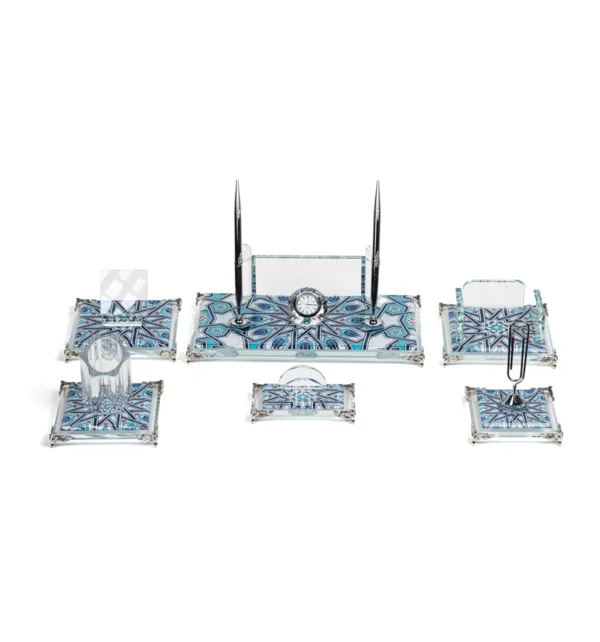 Κρυστάλλινο Επιτραπέζιο Σετ Γραφείου με Σχέδιο, Θήκη για Στυλό, Θήκη Σημειώσεων, Θήκη Καρτών, Βάση Κινητού, Μολυβοθήκη & Ρολόι κωδ. W530