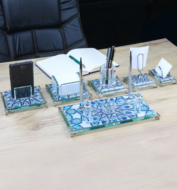 Κρυστάλλινο Επιτραπέζιο Σετ Γραφείου με Σχέδιο, Θήκη για Στυλό, Θήκη Σημειώσεων, Θήκη Καρτών, Βάση Κινητού, Μολυβοθήκη & Ρολόι κωδ. 5005