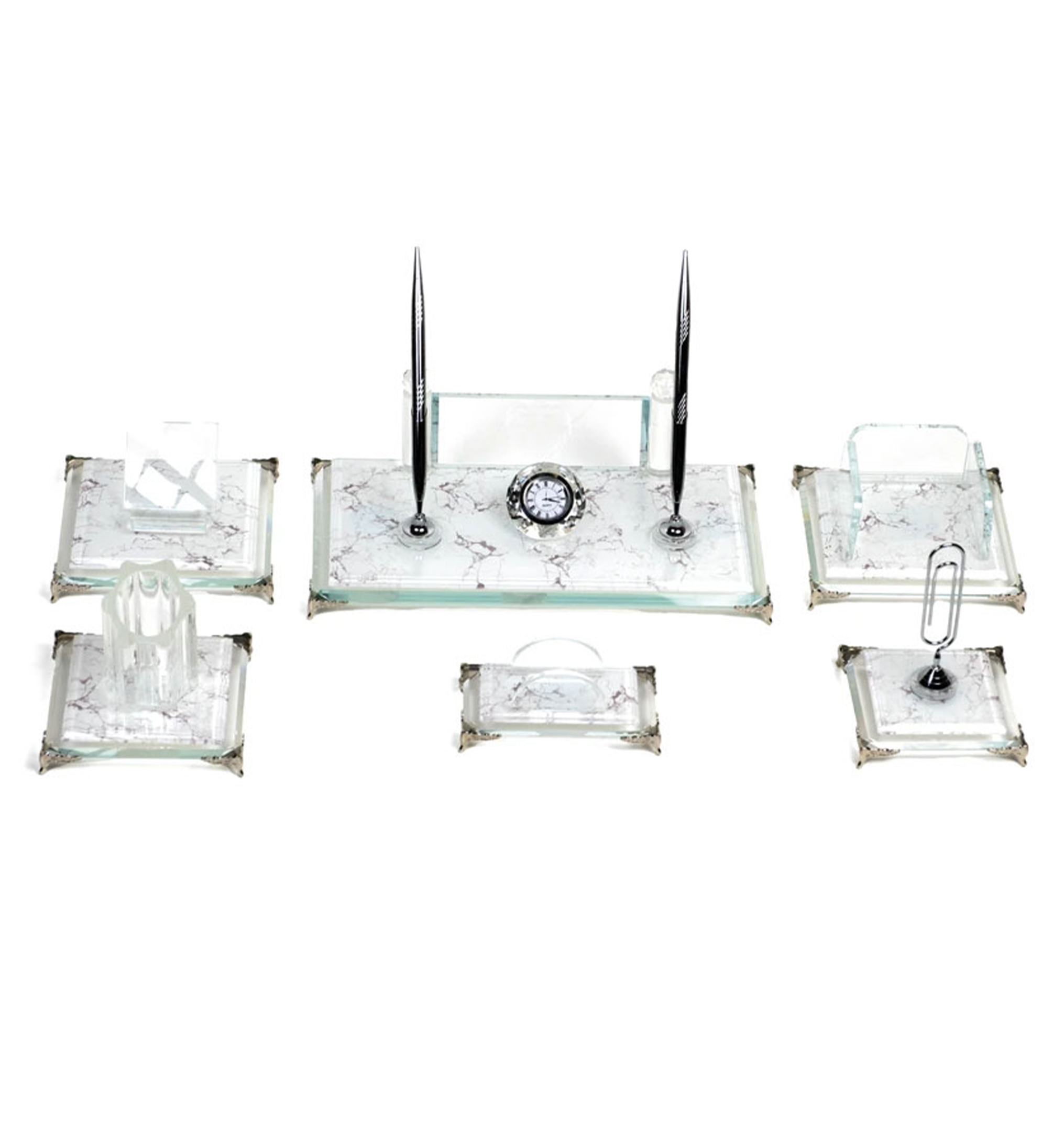 Κρυστάλλινο Επιτραπέζιο Σετ Γραφείου με Σχέδιο Μάρμαρο, Θήκη για Στυλό, Θήκη Σημειώσεων, Θήκη Καρτών, Μολυβοθήκη, Βάση Κινητού & Ρολόι κωδ. W540