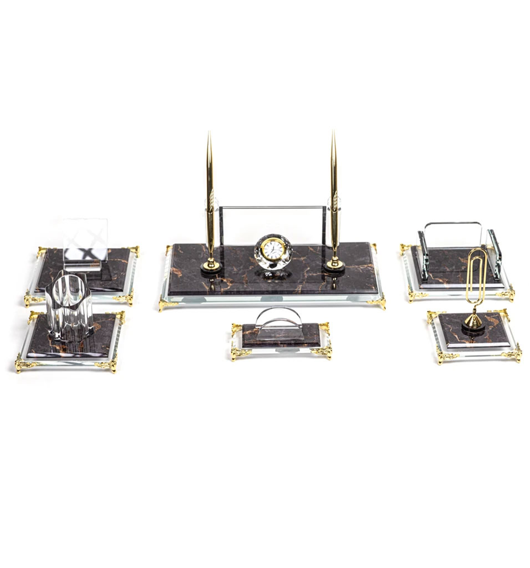Κρυστάλλινο Επιτραπέζιο Σετ Γραφείου με Σχέδιο Μάρμαρο, Θήκη για Στυλό, Θήκη Σημειώσεων, Θήκη Καρτών, Μολυβοθήκη, Βάση Κινητού & Ρολόι κωδ. W560