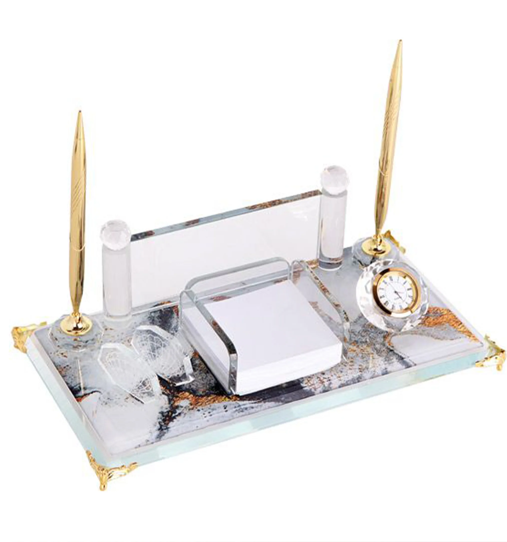 Κρυστάλλινο Επιτραπέζιο Σετ Γραφείου με Σχέδιο Μάρμαρο & Χρυσές Λεπτομέρειες, Θήκη για Στυλό, Θήκη Σημειώσεων, Θήκη Καρτών & Ρολόι κωδ. KM-55