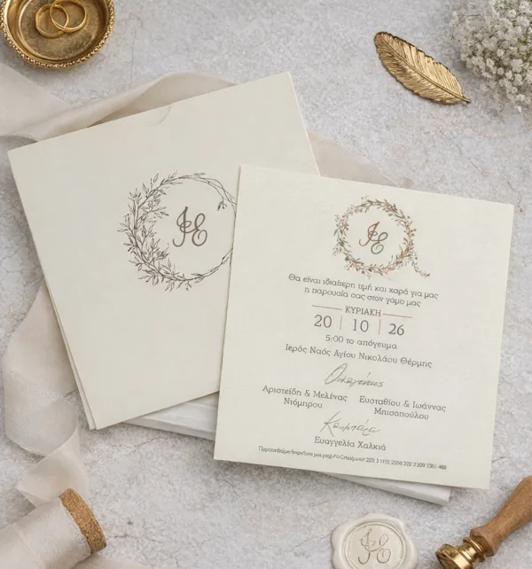 Nude Προσκλητήριο Γάμου με Σχέδιο Φύλλα & Φάκελο κωδ. 9286