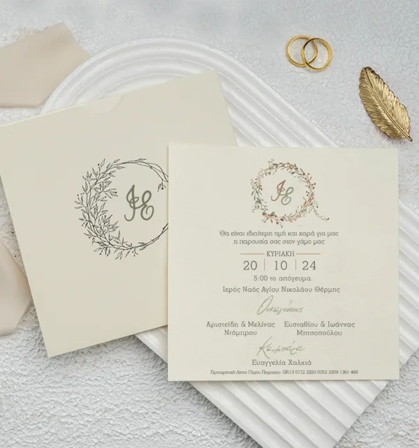 Nude Προσκλητήριο Γάμου με Σχέδιο Φύλλα & Φάκελο κωδ. 9286