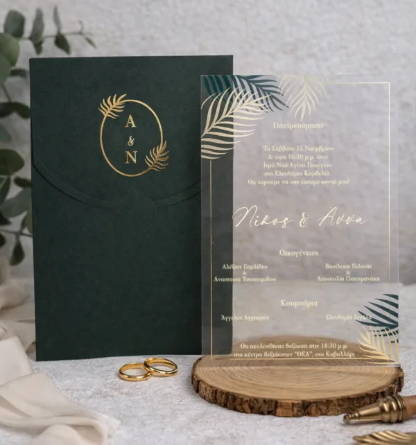Διάφανο PVC Προσκλητήριο Γάμου Tropical με Πράσινο Φάκελο & Χρυσοτυπία κωδ. 9258