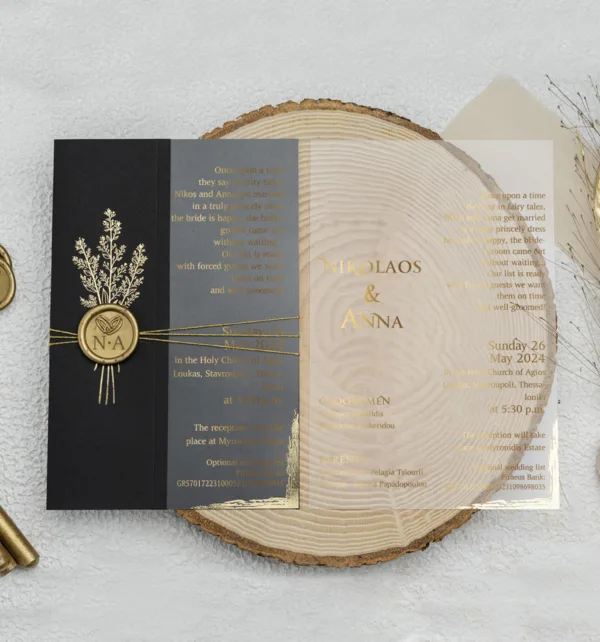 Διάφανο Pvc Προσκλητήριο Γάμου με Εκτύπωση Χρυσοτυπίας, Χρυσό Σχοινί & Βουλοκέρι κωδ. 9278