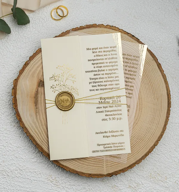 Διάφανο Pvc Προσκλητήριο Γάμου με Εκτύπωση Χρυσοτυπίας, Χρυσό Σχοινί & Βουλοκέρι κωδ. 9278