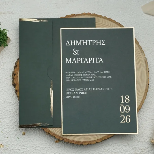 Πράσινο Προσκλητήριο Γάμου με Πράσινο Φάκελο και Χρυσά Σχέδια κωδ. 9317