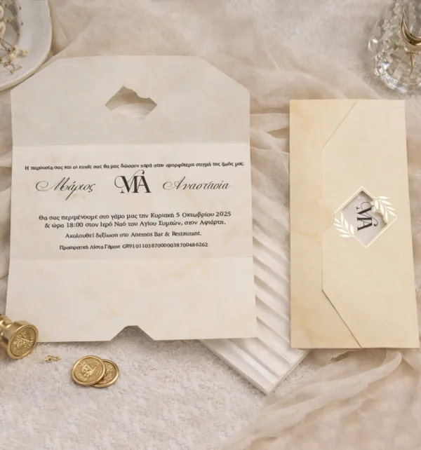 Τρίπτυχο Προσκλητήριο Γάμου με Σχέδιο με Μάρμαρο Φάκελο και Μπεζ Φάκελο με Χρυσή Λεπτομέρεια 50 τεμάχια κωδ. 9326