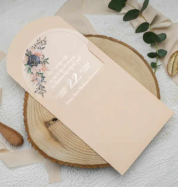 Διάφανο PVC Προσκλητήριο Βάπτισης για Κορίτσι με Ροζ Φάκελο & Σχέδιο με Λουλούδια κωδ. V-9365