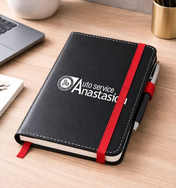 Σημειωματάριο από Δερματίνη Μαύρο με Κόκκινο Λάστιχο 13x21cm Ριγέ κωδ. ST-M-717K