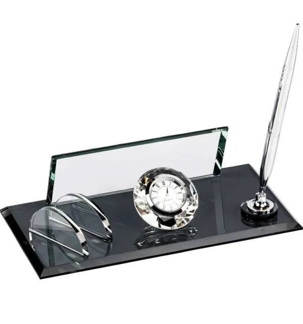 Κρυστάλλινο Επιτραπέζιο Σετ Γραφείου με Θήκη για Στυλό, Θήκη Καρτών & Ρολόι κωδ. KM-90