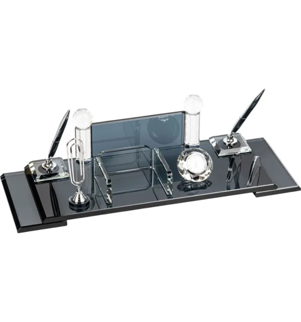 Κρυστάλλινο Επιτραπέζιο Σετ Γραφείου με Θήκη για Στυλό, Θήκη για Σημειώσεις, Θήκη Καρτών & Ρολόι κωδ. KM-80