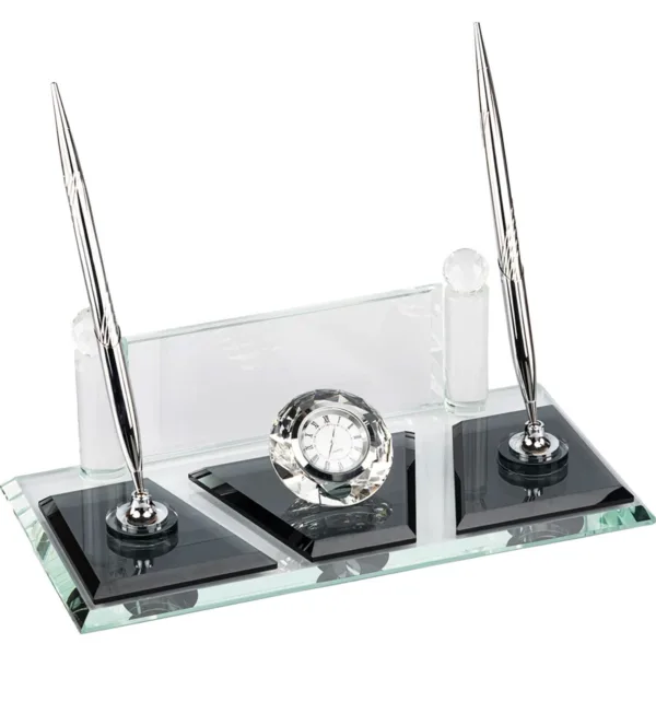 Κρυστάλλινο Επιτραπέζιο Σετ Γραφείου με Μαύρες Λεπτομέρειες, Ασημί Θήκη για Στυλό & Ρολόι κωδ. KM-85