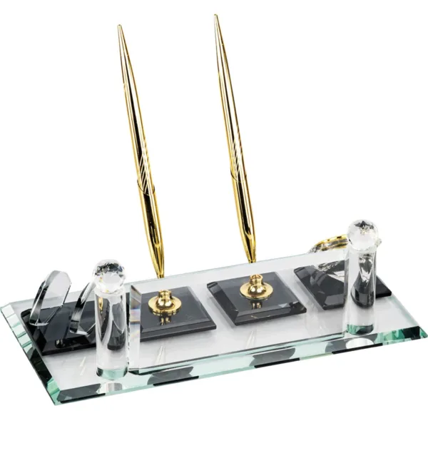 Κρυστάλλινο Επιτραπέζιο Σετ Γραφείου με Μαύρες Λεπτομέρειες, Χρυσή Θήκη για Στυλό, Θήκη Καρτών & Ρολόι κωδ. KM-60