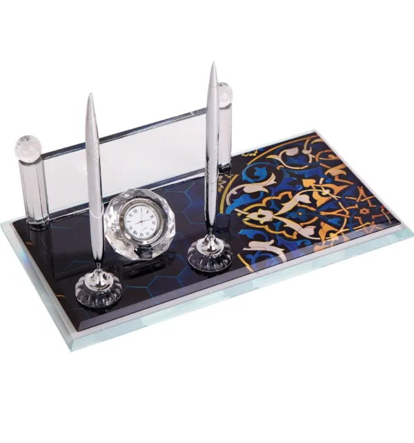 Κρυστάλλινο Επιτραπέζιο Σετ Γραφείου με Σχέδιο, Θήκη για Στυλό & Ρολόι κωδ. KM-110