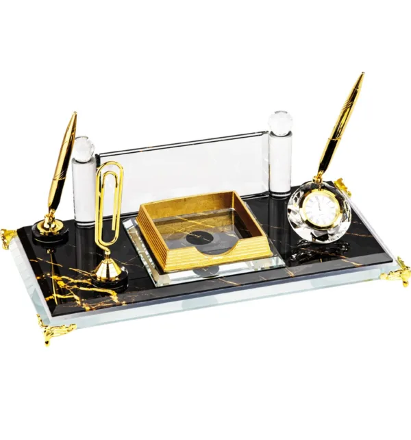 Κρυστάλλινο Επιτραπέζιο Σετ Γραφείου με Σχέδιο Μάρμαρο με Χρυσές Λεπτομέρειες, Θήκη για Στυλό, Θήκη Σημειώσεων & Ρολόι κωδ. KM-65
