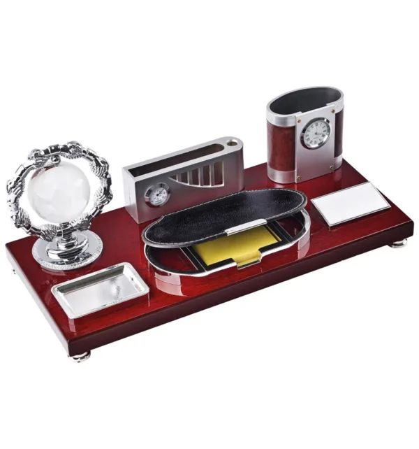 Ξύλινο Επιτραπέζιο Σετ Γραφείου Δερμάτινο με Ρολόι, Μολυβοθήκη, Θήκη Σημειώσεων & Ταμπελάκι κωδ. 9400