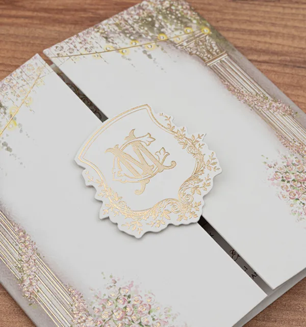 Τρίπτυχο Προσκλητήριο Γάμου με Χρυσοτυπία & Χάρτινη Τσάντα κωδ. E5109