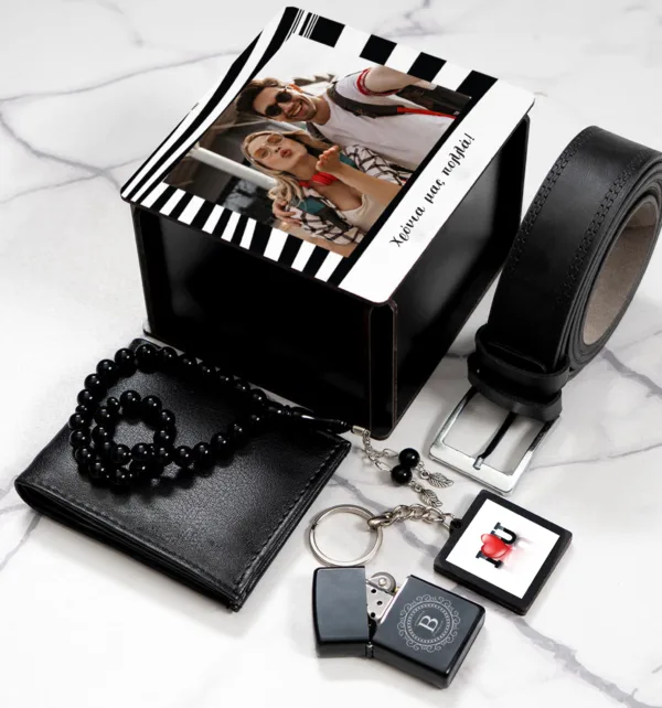 Gift Box Valentine’s Day για Άνδρα με Ειδικό Ξύλινο Κουτί, Πορτοφόλι, Ζώνη, Αναπτήρα, Μπρελόκ & Κομπολόι κωδ. 74687