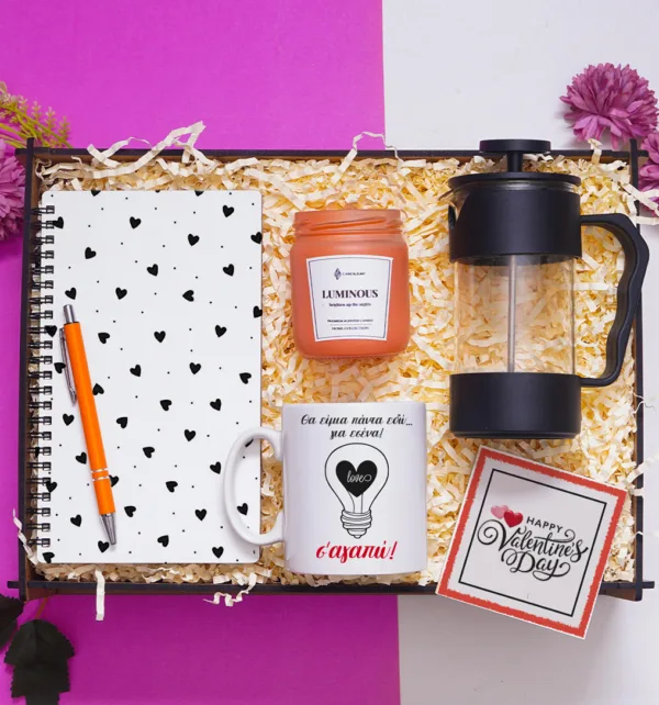 Gift Box Valentine’s Day με Κούπα , Αρωματικό Κερί, Σημειωματάριο, Στυλό, Γαλλική Πρέσα & Σουβέρ κωδ. 14652