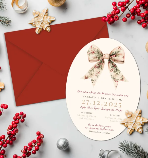 Χριστουγεννιάτικο Προσκλητήριο Βάπτισης με Φάκελο Οβάλ με Θέμα Christmas Bow κωδ. 106K