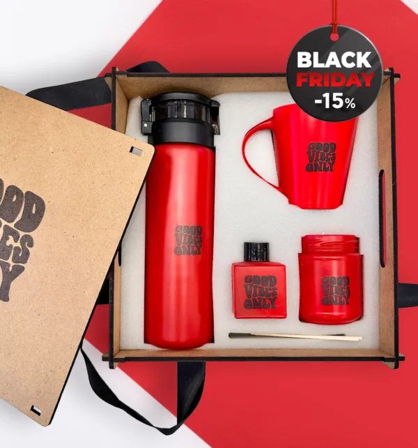 Good Vibes Only Σετ Δώρου με Μπουκάλι., Κούπα, Θήκη για Αρωματικό, Κερί & Ξύλινο Κουτί κωδ. M-2626R