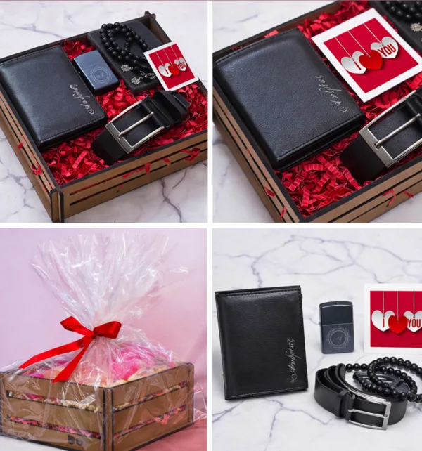Gift Box Valentine’s Day για Άνδρα με Ξύλινο Κουτί, Πορτοφόλι, Ζώνη, Αναπτήρα & Κομπολόι κωδ. 15048