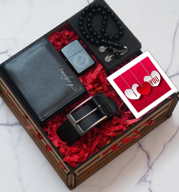 Gift Box Valentine’s Day για Άνδρα με Ξύλινο Κουτί, Πορτοφόλι, Ζώνη, Αναπτήρα & Κομπολόι κωδ. 15048