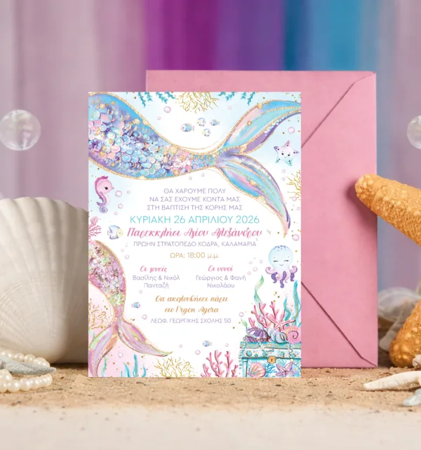 Προσκλητήριo Βάπτισης για Κορίτσι με Σχέδιο Γοργόνα & Φάκελο κωδ. M-91K-MER