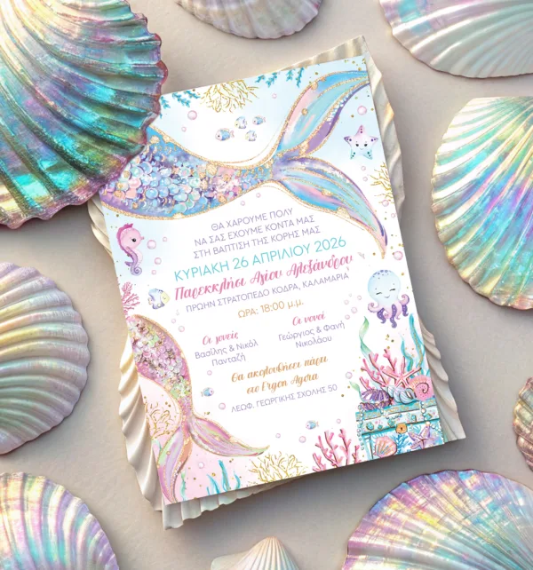 Προσκλητήριo Βάπτισης για Κορίτσι με Σχέδιο Γοργόνα & Φάκελο κωδ. M-91K-MER