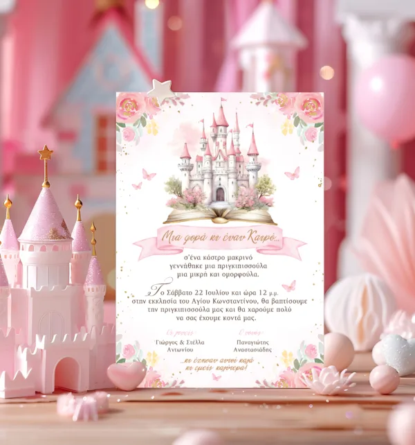 Προσκλητήριo Βάπτισης για Κορίτσι με Σχέδιο Πριγκίπισσα, Κάστρο & Φάκελο κωδ. M-91K-PRC
