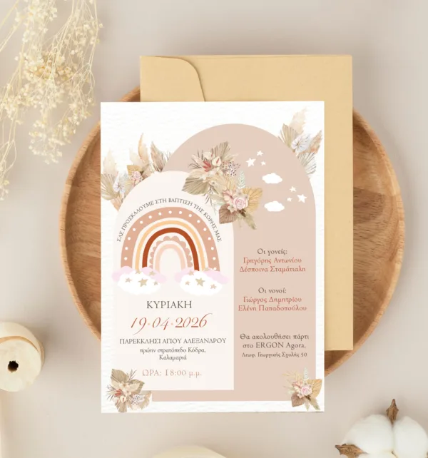 Προσκλητήριo Βάπτισης για Κορίτσι με Σχέδιο με Boho Ουράνιο Τόξο & Φάκελο κωδ. M-91K-BRAI