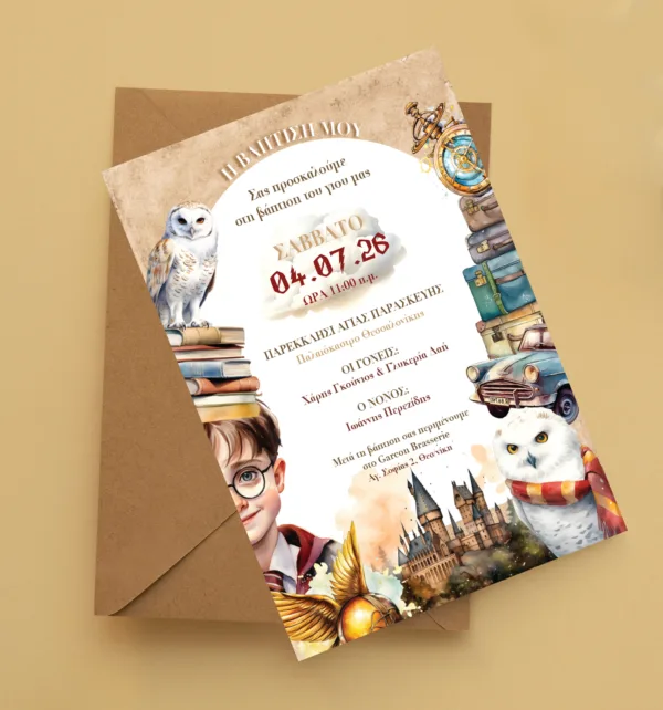 Προσκλητήρια Βάπτισης για Αγόρι με Σχέδιο Harry Potter & Φάκελο κωδ. M-91K-HP