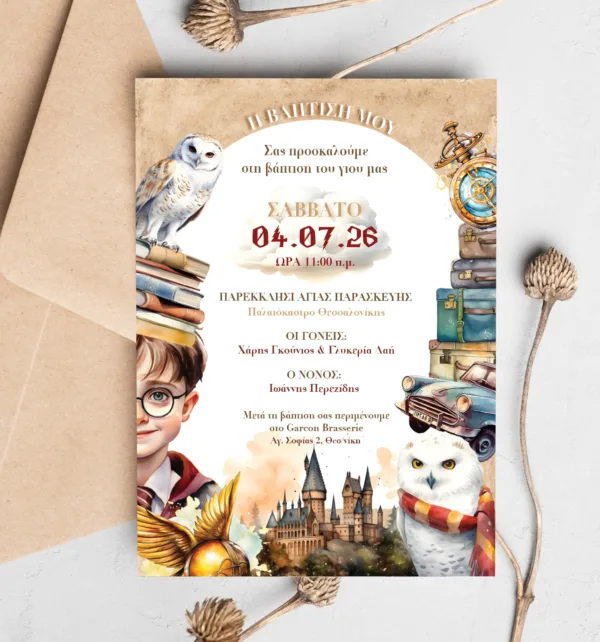 Προσκλητήρια Βάπτισης για Αγόρι με Σχέδιο Harry Potter & Φάκελο κωδ. M-91K-HP