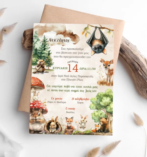 Προσκλητήρια Βάπτισης για Αγόρι με Σχέδιο Ζώα του Δάσους με Φάκελο κωδ. M-91K-WOA