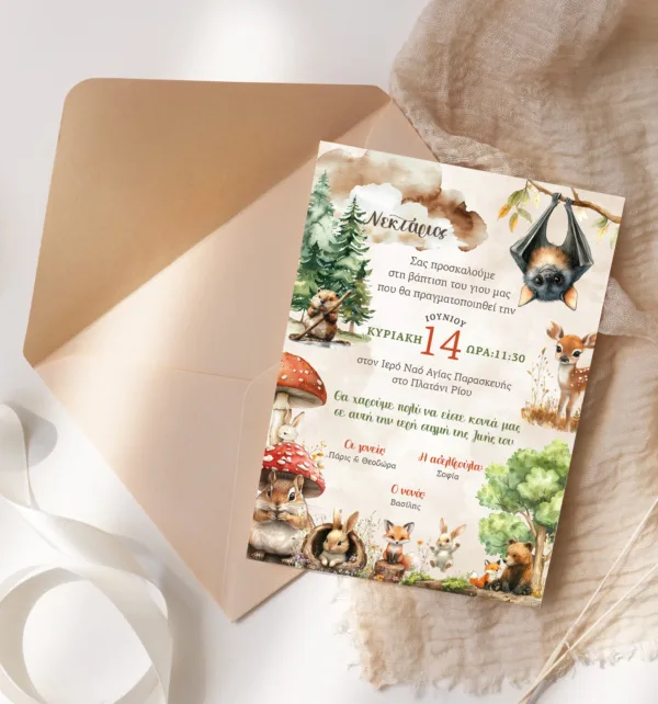 Προσκλητήρια Βάπτισης για Αγόρι με Σχέδιο Ζώα του Δάσους με Φάκελο κωδ. M-91K-WOA