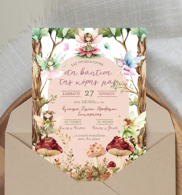 Προσκλητήρια Βάπτισης για Κορίτσι με Σχέδιο Νεράιδα, Μανιτάρια & Φάκελο κωδ. M-91K-FAIM