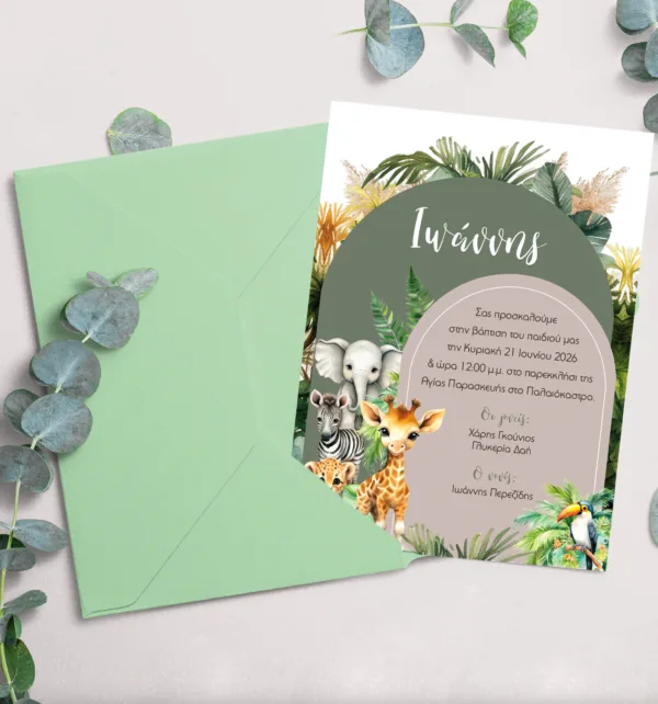 Προσκλητήριο Βάπτισης για Αγόρι με Θέμα Safari -Jungle με Φάκελο κωδ. M-91K-SJB