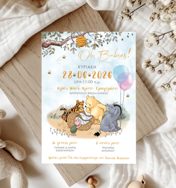 Προσκλητήριο Βάπτισης για Δίδυμα με Σχέδιο Winnie The Pooh & Φάκελο κωδ. M-91K-TWTP