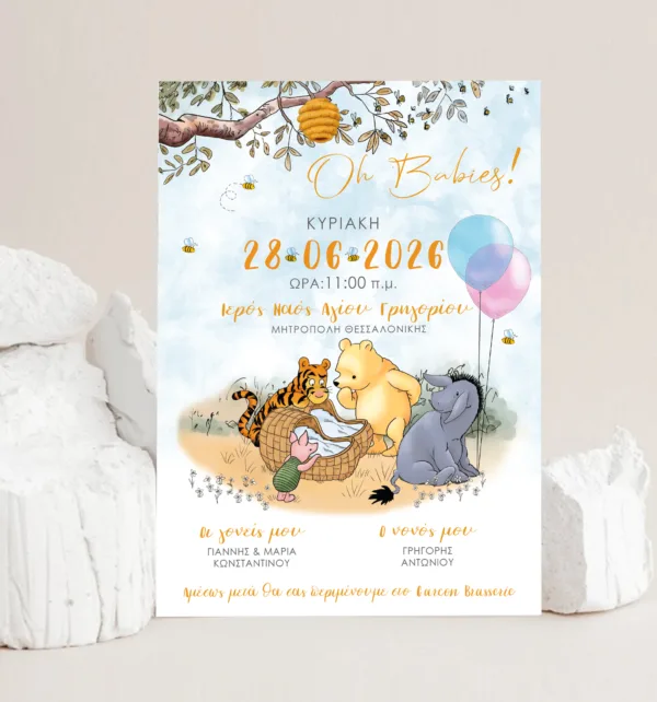 Προσκλητήριο Βάπτισης για Δίδυμα με Σχέδιο Winnie The Pooh & Φάκελο κωδ. M-91K-TWTP