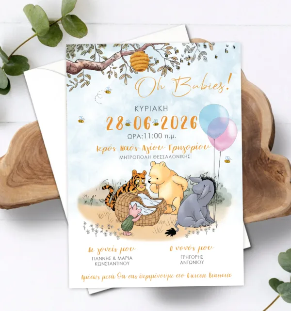 Προσκλητήριο Βάπτισης για Δίδυμα με Σχέδιο Winnie The Pooh & Φάκελο κωδ. M-91K-TWTP