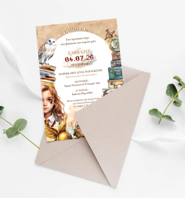 Προσκλητήριο Βάπτισης για Κορίτσι με Σχέδιο Harry Potter & Φάκελο κωδ. M-91K-GHP