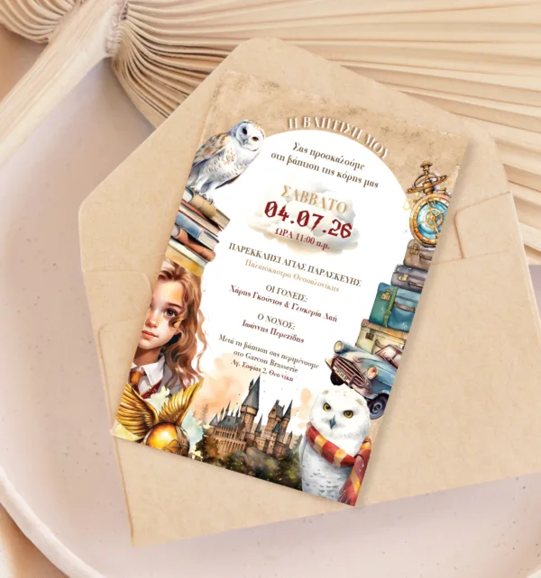 Προσκλητήριο Βάπτισης για Κορίτσι με Σχέδιο Harry Potter & Φάκελο κωδ. M-91K-GHP