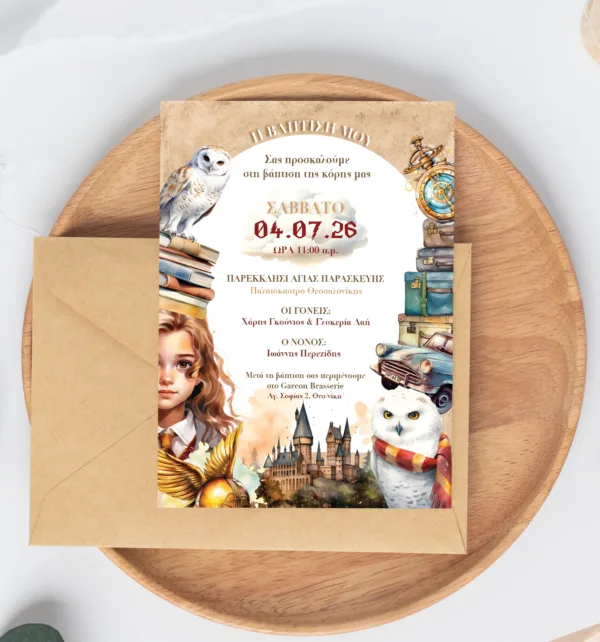 Προσκλητήριο Βάπτισης για Κορίτσι με Σχέδιο Harry Potter & Φάκελο κωδ. M-91K-GHP