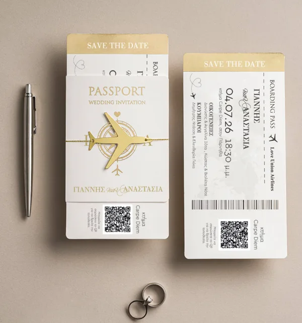 Προσκλητήριο Γάμου Passport με Χρυσό Κορδόνι & Χρυσό Αεροπλανάκι κωδ. 6013 Προσκλητήριο Γάμου Passport με Χρυσό Κορδόνι & Χρυσό Αεροπλανάκι κωδ. 6013