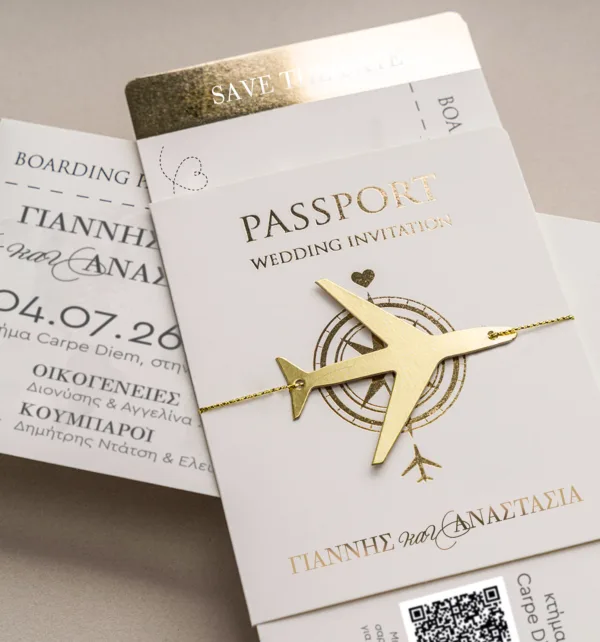 Προσκλητήριο Γάμου Passport με Χρυσό Κορδόνι & Χρυσό Αεροπλανάκι κωδ. 6013 Προσκλητήριο Γάμου Passport με Χρυσό Κορδόνι & Χρυσό Αεροπλανάκι κωδ. 6013
