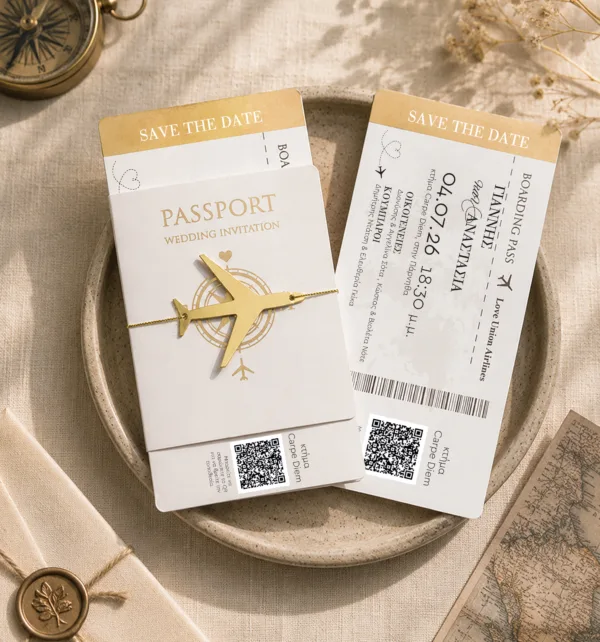 Προσκλητήριο Γάμου Passport με Χρυσό Κορδόνι & Χρυσό Αεροπλανάκι κωδ. 6013