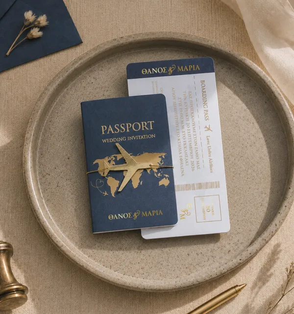 Προσκλητήριο Γάμου Passport με Χρυσό Κορδόνι & Χρυσό Αεροπλανάκι κωδ. 6013 Προσκλητήριο Γάμου Passport με Χρυσό Κορδόνι & Χρυσό Αεροπλανάκι κωδ. 6013
